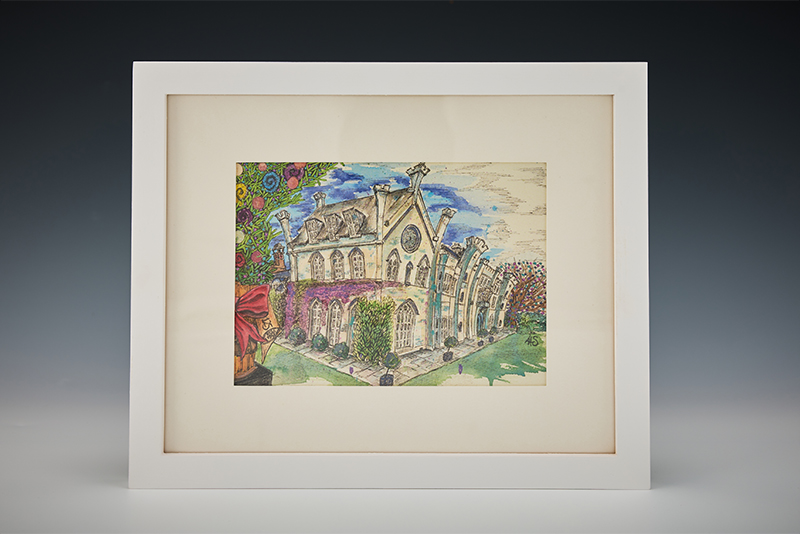 A coloured sketch of Wycombe Abbey with a Christmas tree on the side, presented in a white frame.
